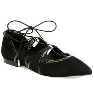 Brian Atwood Sanaa Black Suede Leather Lace-Up Pointed Ballet Flats Size 8.5